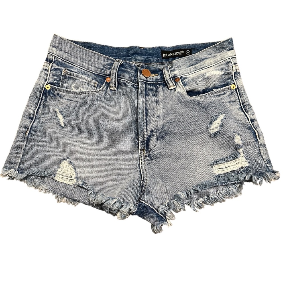 BLANKNYC high-rise distressed denim shorts light wash with a frayed hem Size 26